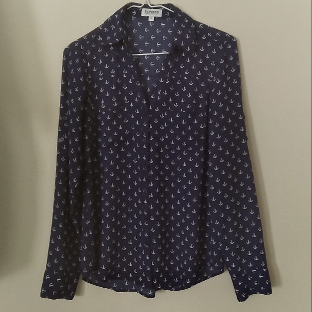 Express Portofino Anchor Print Shirt Blouse Navy Blue Sheer Roll Tab‎ Sleeve XS